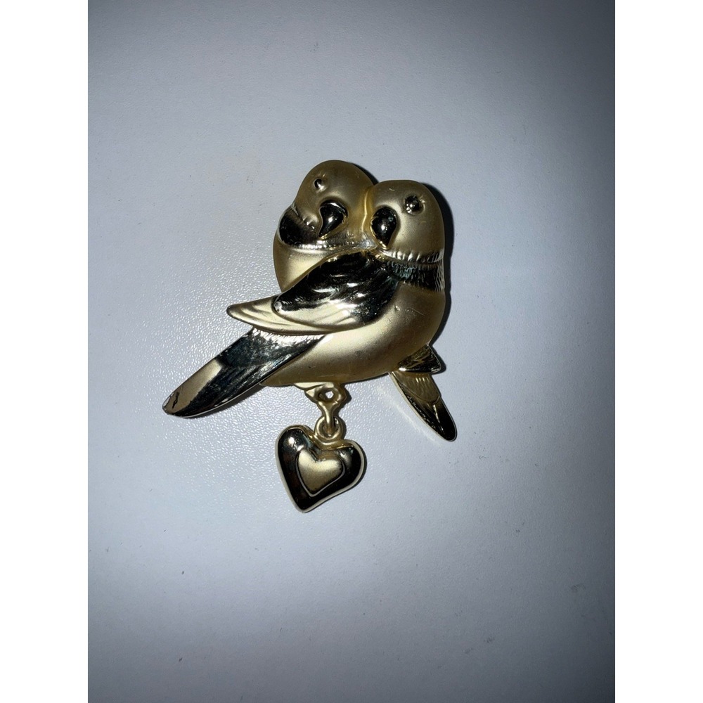 Gold Tone Love Birds with Dangling Heart Brooch‎ signed AJC